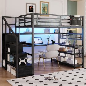 Metal Full Loft Bed With Staircase, Wardrobe, Desk, Storage Shelves, LED Lights and Charge Station