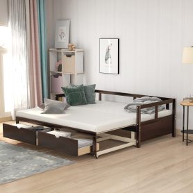 Wooden Daybed with Trundle Bed and Two Storage Drawers