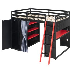 Full Size Wood Loft Bed with Wardrobe, Shelves, Blackout Curtains and RGB Lights