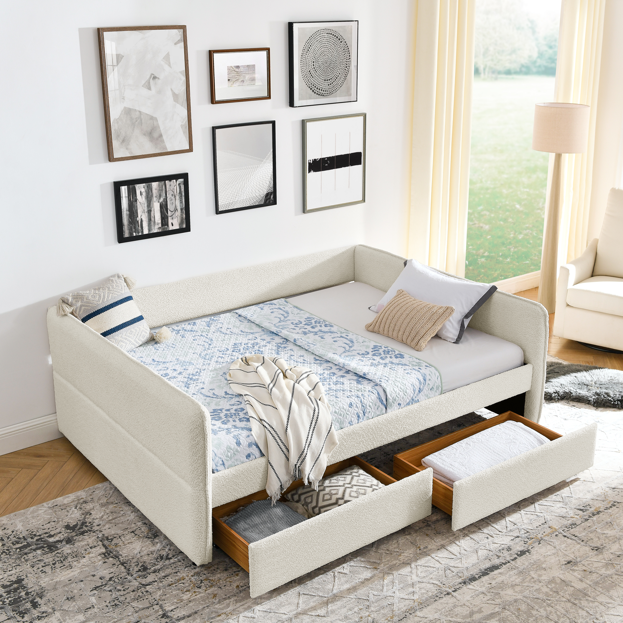 Boucle Fabric Queen Size Daybed With Two Drawers