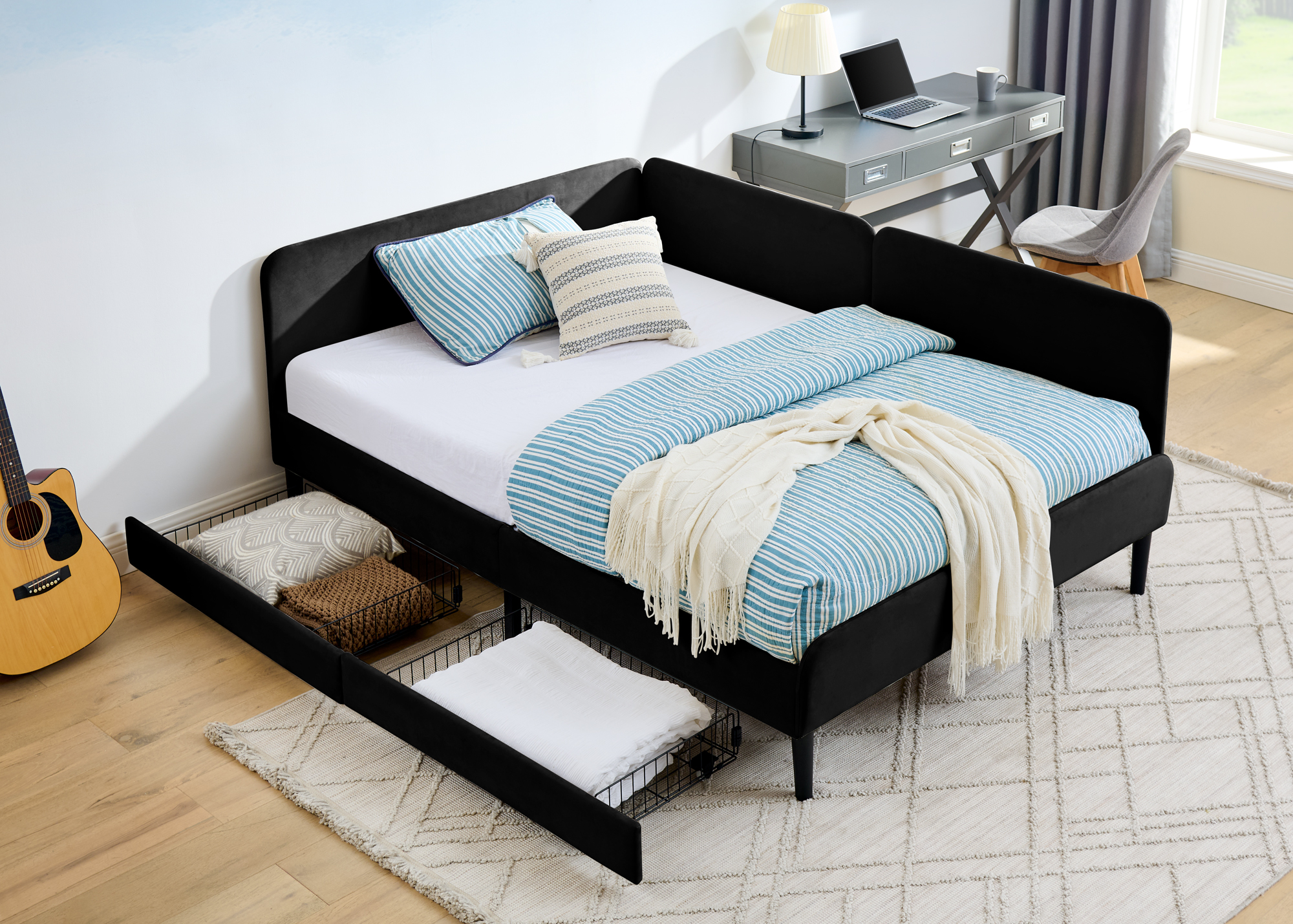 Full Size Upholstered Platform Bed Frame with 2 Storage Drawers