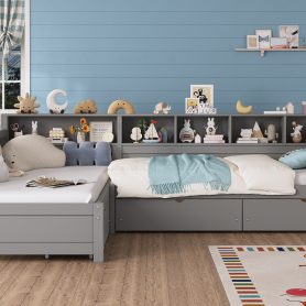 L- Shape Twin Size Bed Frame with Storage 3 Drawers