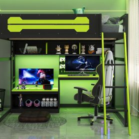 Full Size Wood Loft Bed with Desk, Shelves, LED Lights, USB Ports and Pegboard