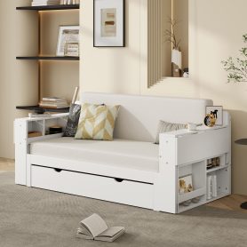Full Size Daybed with Removable Desk, Storage Drawers & Hydraulic Side Table