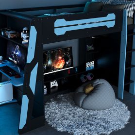 Twin Size Wood Loft Bed with Desk, Multi-storage Shelves and RGB Light