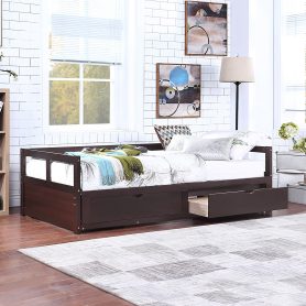 Wooden Daybed with Trundle Bed and Two Storage Drawers