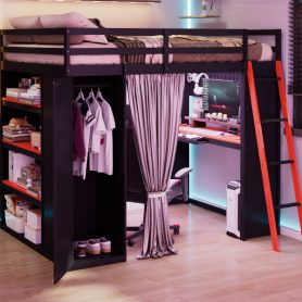 Full Size Wood Loft Bed with Wardrobe, Shelves, Blackout Curtains and RGB Lights