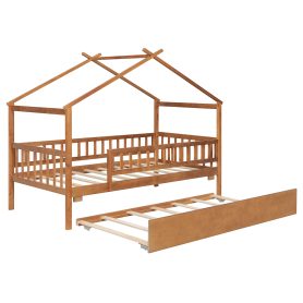 Wooden Twin Size House Bed With Twin Size Trundle
