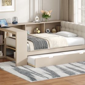 Wood Twin Size Platform Bed With Storage Shelves, Trundle, Charging Station And Upholstered Headboard
