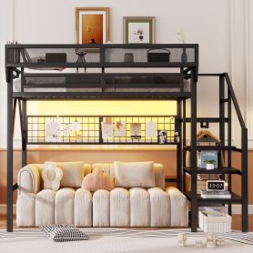 Metal Full Size Loft Bed With Stairs, Light And Storage