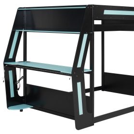 Full-Size Gaming Bunk Bed with Oversized RGB Desk, USB Charging Ports & Cable Grommet, LED Light Strip