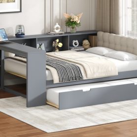 Wood Full Size Platform Bed with Storage Shelves, Trundle, Charging Station and Upholstered Headboard