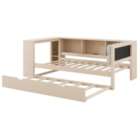 Wood Twin Size Platform Bed With Storage Shelves, Trundle, Charging Station And Upholstered Headboard
