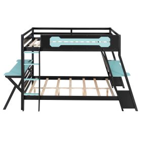 Full Size Bunk Bed with Two Built-In Gaming Desks, USB Desktop Ports & Pegboard Organizer