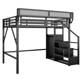 Metal Full Size Loft Bed With Stairs, Storage Shelves and Wardrobe