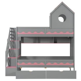 Twin Over Twin Bunk Bed With House Roof, Drawer, Staircase and LED