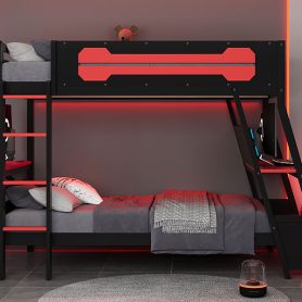 Twin Size Bunk Bed with Two Built-In Gaming Desks, USB Desktop Ports & Pegboard Organizer