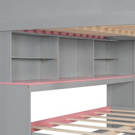 Full Over Full Bunk Bed With Twin Size Trundle, Staircase, Shelves and LED