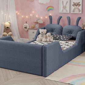 Twin Size Upholstered Platform Bed with Rabbit Cushion