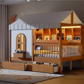 Full Size House Bed with 2 Large Drawers, Side Bookshelf with LED Strip
