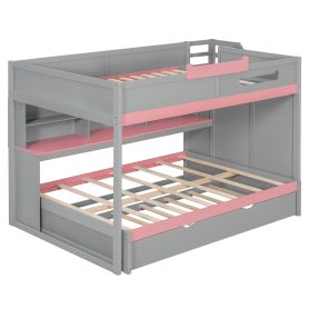 Full Over Full Bunk Bed With Twin Size Trundle, Staircase, Shelves and LED