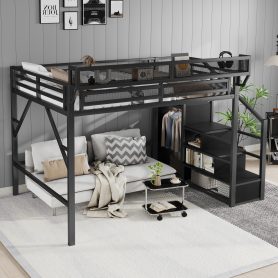 Metal Full Size Loft Bed With Stairs, Storage Shelves and Wardrobe
