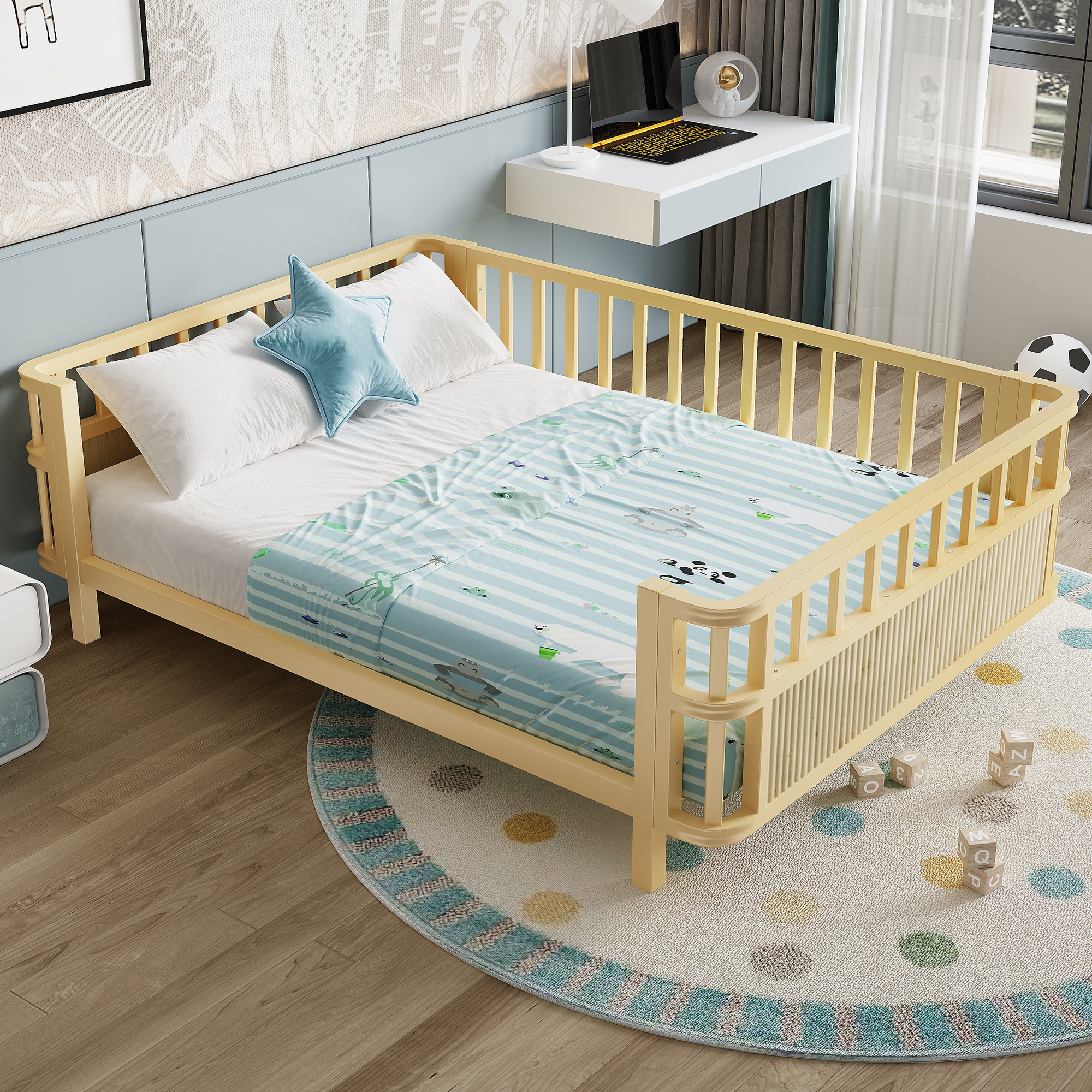 Children's Double Wooden Platform Bed With Railings 4 Children's Double Wooden Platform Bed With Railings