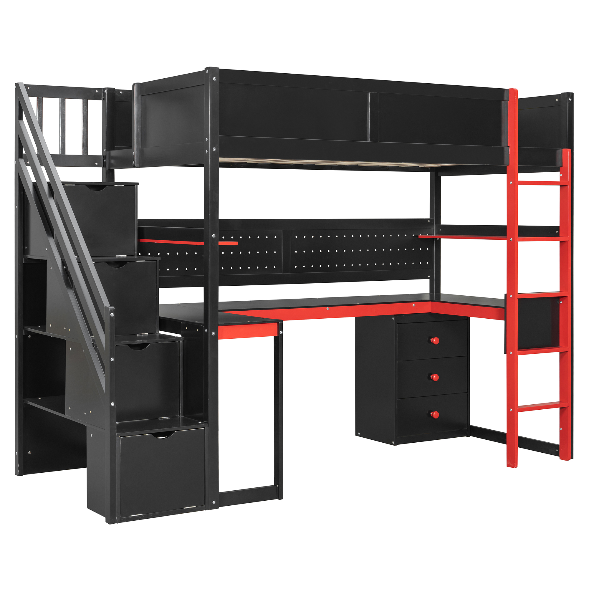 Twin Size Wooden Gaming Loft Bed with Storage Stairs, Desk, Shelves & Pegboard 14 Twin Size Wooden Gaming Loft Bed with Storage Stairs, Desk, Shelves & Pegboard