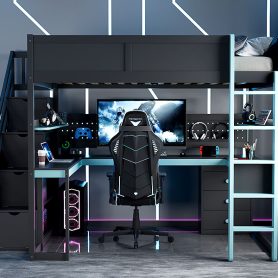 Full Size Wooden Gaming Loft Bed with Storage Stairs, Desk, Shelves & Pegboard