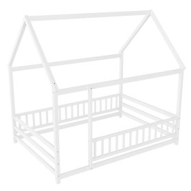 Wooden Full Size Floor Bed With House Roof and Fence Guardrails 12 Wooden Full Size Floor Bed With House Roof and Fence Guardrails