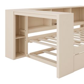 Wood Twin Size Platform Bed With Storage Shelves, Trundle, Charging Station And Upholstered Headboard