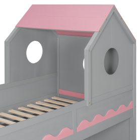 Twin Over Twin Bunk Bed With House Roof, Drawer, Staircase and LED