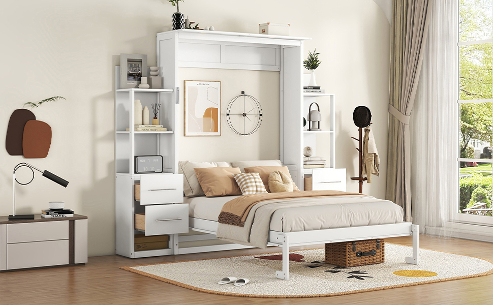 Full Size Murphy Bed Wall Bed With Shelves, Drawers And LED Lights 7 Full Size Murphy Bed Wall Bed With Shelves, Drawers And LED Lights