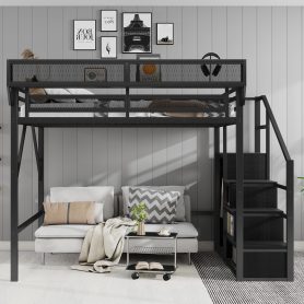 Metal Full Size Loft Bed With Stairs, Storage Shelves and Wardrobe