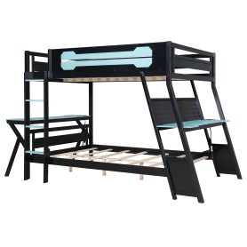 Full Size Bunk Bed with Two Built-In Gaming Desks, USB Desktop Ports & Pegboard Organizer