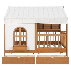 Full Size House Bed with 2 Large Drawers, Side Bookshelf with LED Strip