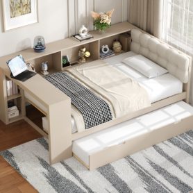 Wood Twin Size Platform Bed With Storage Shelves, Trundle, Charging Station And Upholstered Headboard