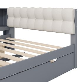 Wood Full Size Platform Bed with Storage Shelves, Trundle, Charging Station and Upholstered Headboard
