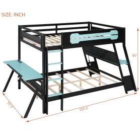 Full Size Bunk Bed with Two Built-In Gaming Desks, USB Desktop Ports & Pegboard Organizer