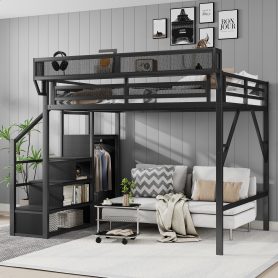 Metal Full Size Loft Bed With Stairs, Storage Shelves and Wardrobe