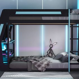 Full-Size Gaming Bunk Bed with Oversized RGB Desk, USB Charging Ports & Cable Grommet, LED Light Strip