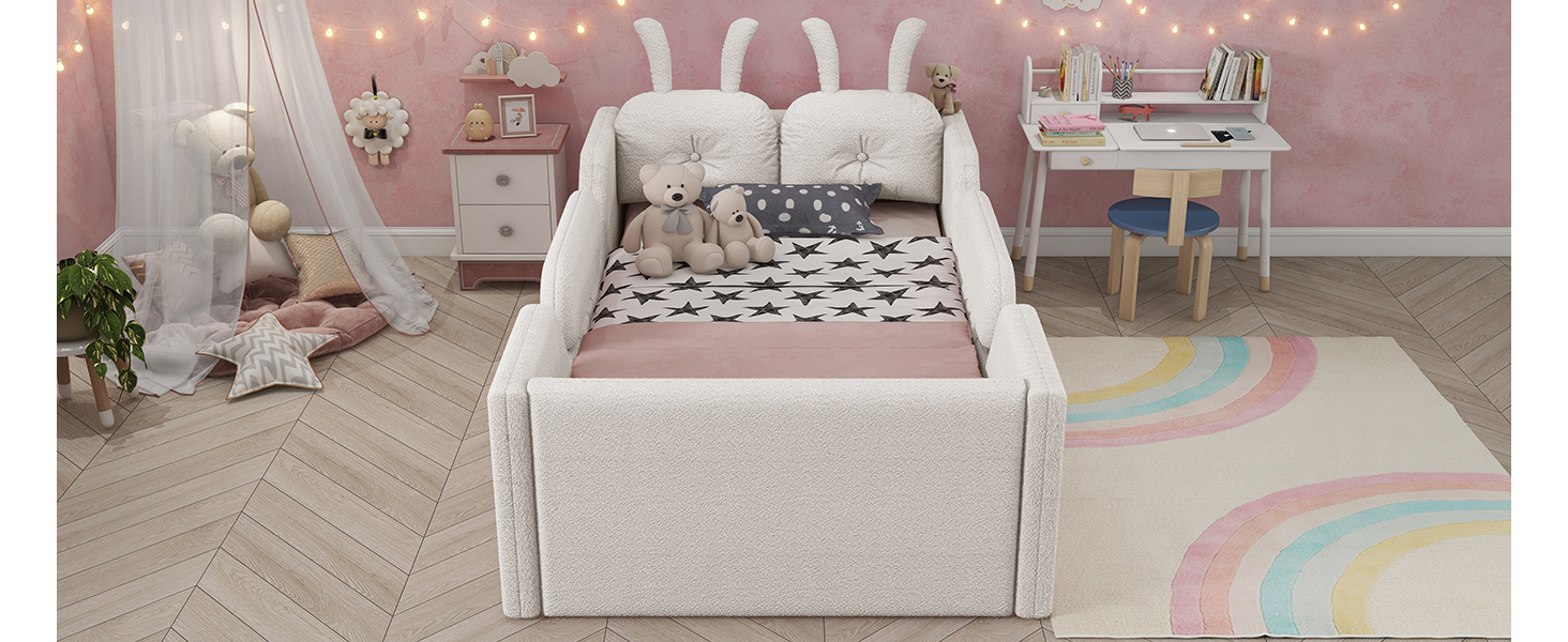Twin Size Upholstered Platform Bed with Rabbit Cushion 16 Twin Size Upholstered Platform Bed with Rabbit Cushion