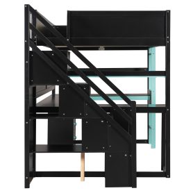 Full Size Wooden Gaming Loft Bed with Storage Stairs, Desk, Shelves & Pegboard