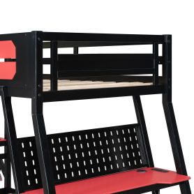 Twin Size Bunk Bed with Two Built-In Gaming Desks, USB Desktop Ports & Pegboard Organizer