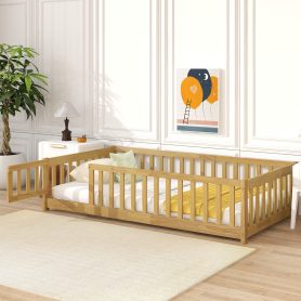 Twin Size Floor Bed With Fence, Door and Safety Guardrails