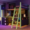 Full Size Wood Loft Bed with Desk, Ample Storage Space and Light