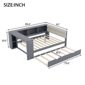 Wood Full Size Platform Bed with Storage Shelves, Trundle, Charging Station and Upholstered Headboard
