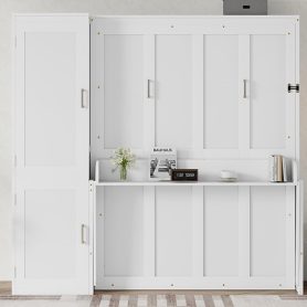 Queen Size Wood Murphy Bed With Wardrobe, Desk, Gas Struts and Charging Station