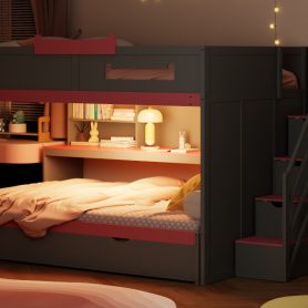Full Over Full Bunk Bed With Twin Size Trundle, Staircase, Shelves and LED