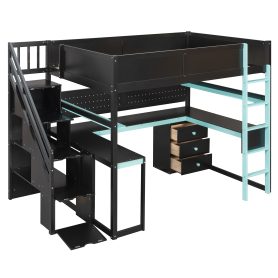 Full Size Wooden Gaming Loft Bed with Storage Stairs, Desk, Shelves & Pegboard